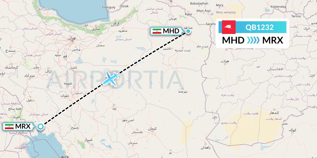 QB1232 Qeshm Airlines Flight Map: Mashhad to Mahshahr