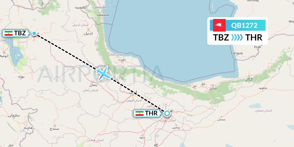QB1272 Qeshm Airlines Flight Map: Tabriz to Tehran