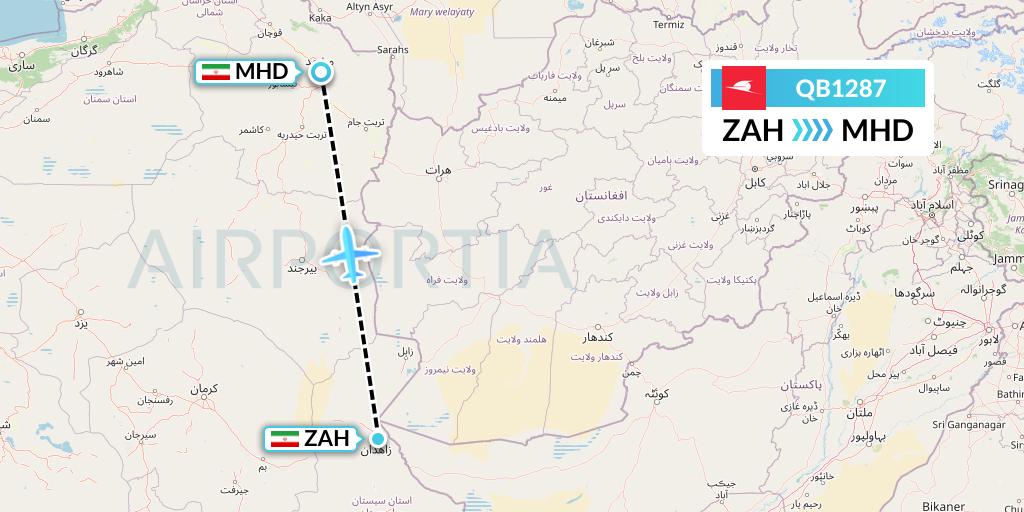 QB1287 Qeshm Airlines Flight Map: Zahedan to Mashhad