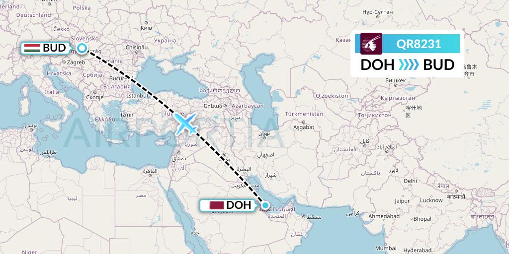 QR8231 Qatar Airways Flight Map: Doha to Budapest
