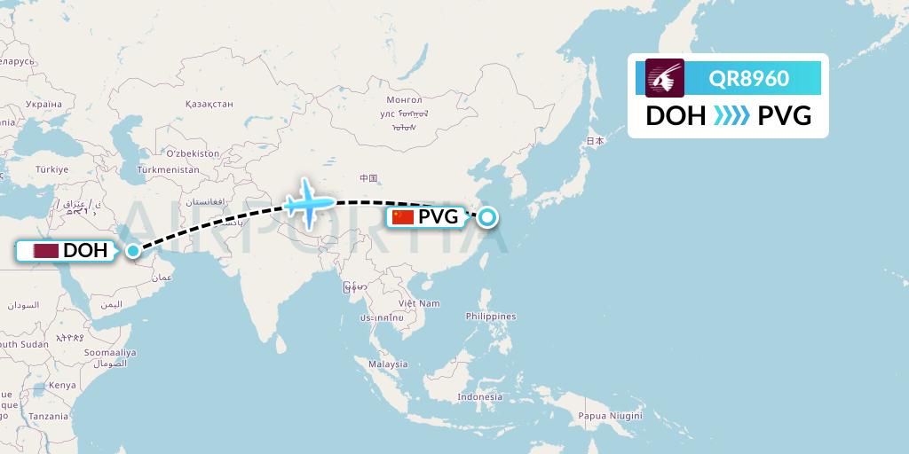 QR8960 Qatar Airways Flight Map: Doha to Shanghai