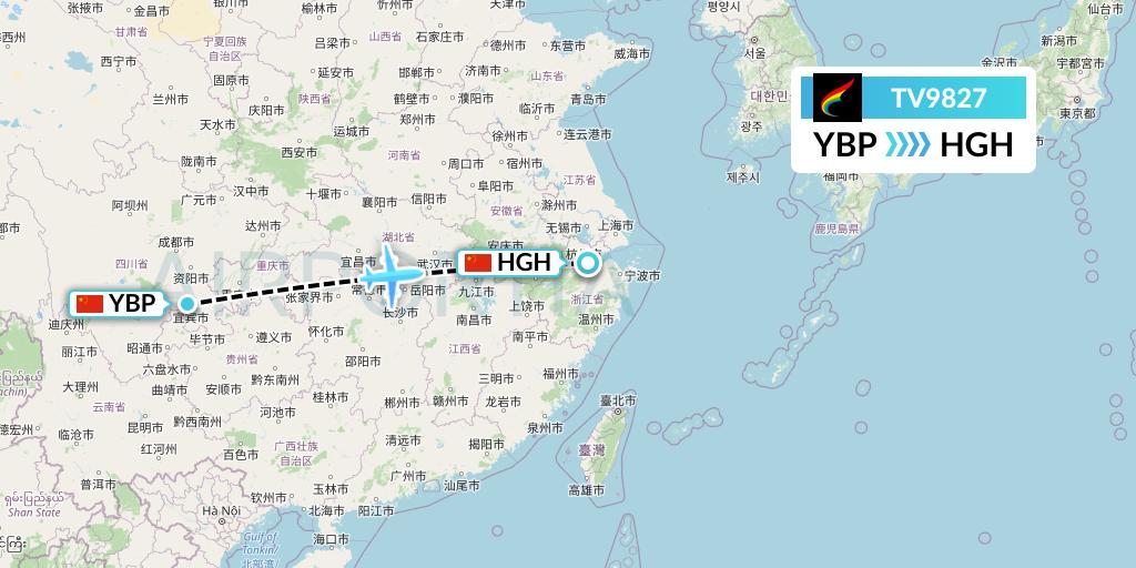 TV9827 Tibet Airlines Flight Map: Yibin to Hangzhou