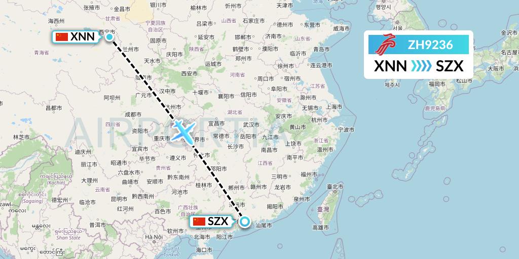 ZH9236 Shenzhen Airlines Flight Map: Xining to Shenzhen