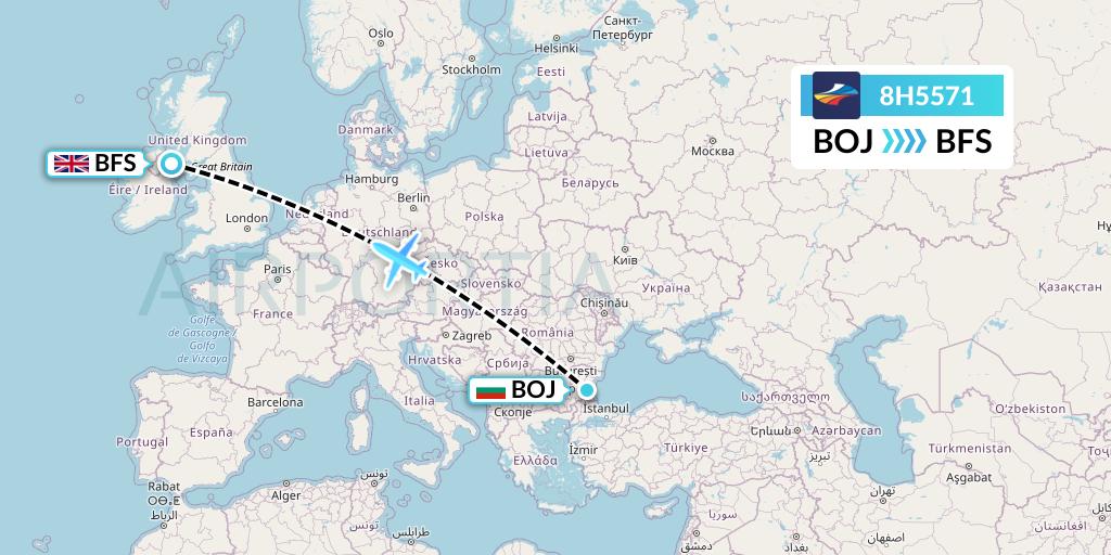 8H5571 BH Air Flight Map: Burgas to Belfast