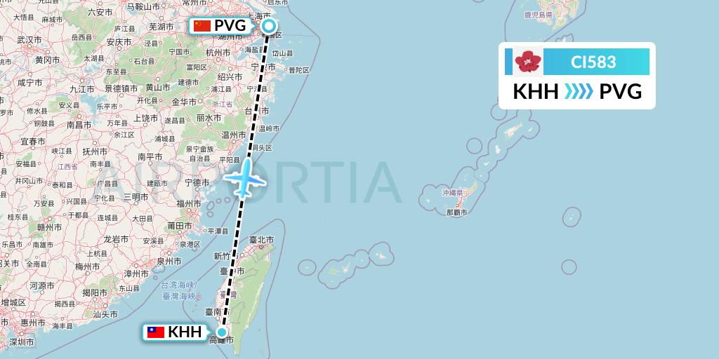 CI583 China Airlines Flight Map: Kaohsiung to Shanghai
