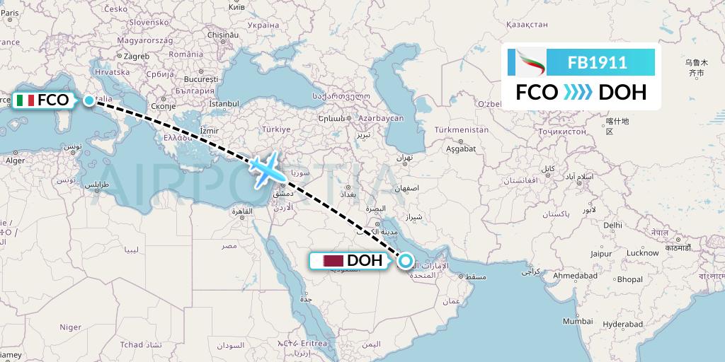 FB1911 Bulgaria Air Flight Map: Rome to Doha