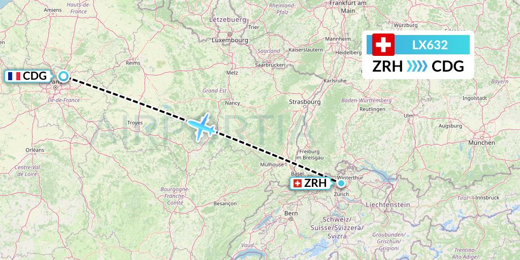 LX632 Swiss Flight Map: Zurich to Paris
