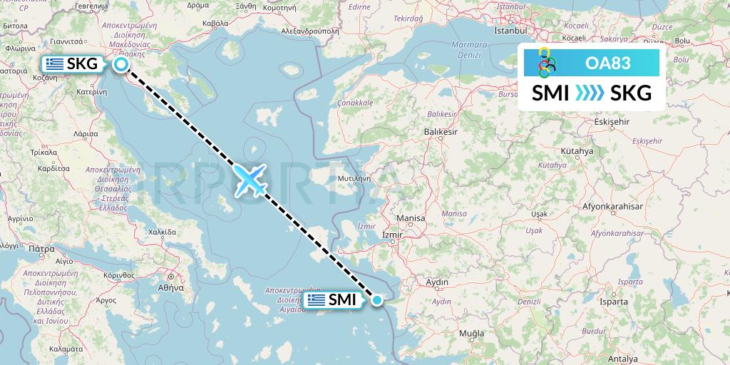 OA83 Olympic Air Flight Map: Samos to Thessaloniki