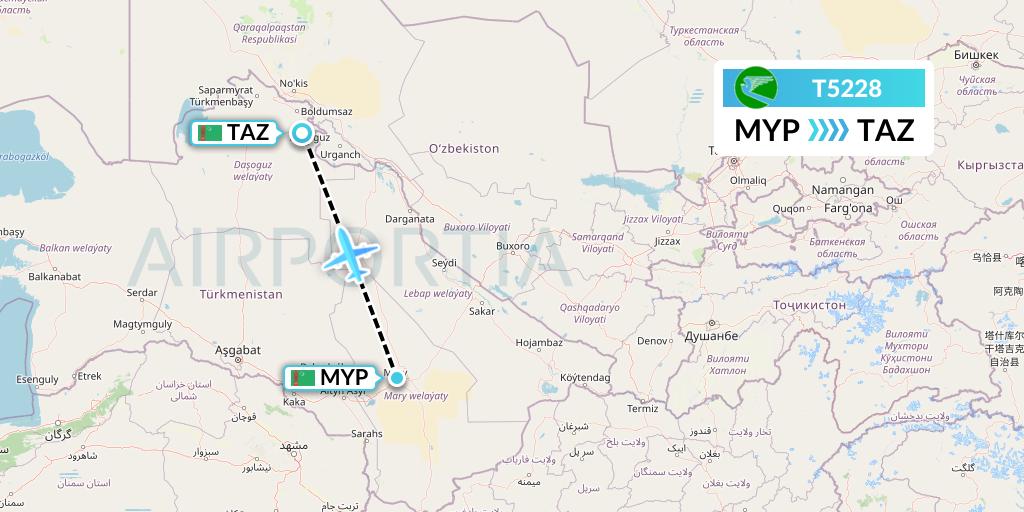 T5228 Turkmenistan Airlines Flight Map: Mary to Dasoguz