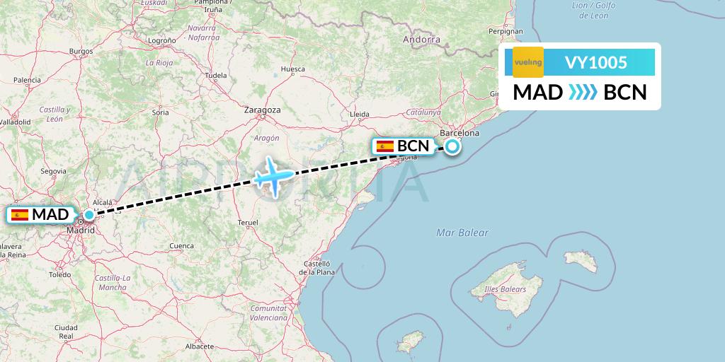 VY1005 Vueling Flight Map: Madrid to Barcelona