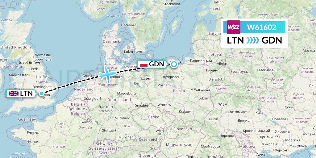 W61602 Wizz Air Flight Map: London to Gdansk