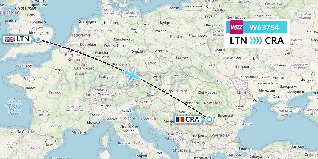 W63754 Wizz Air Flight Map: London to Craiova