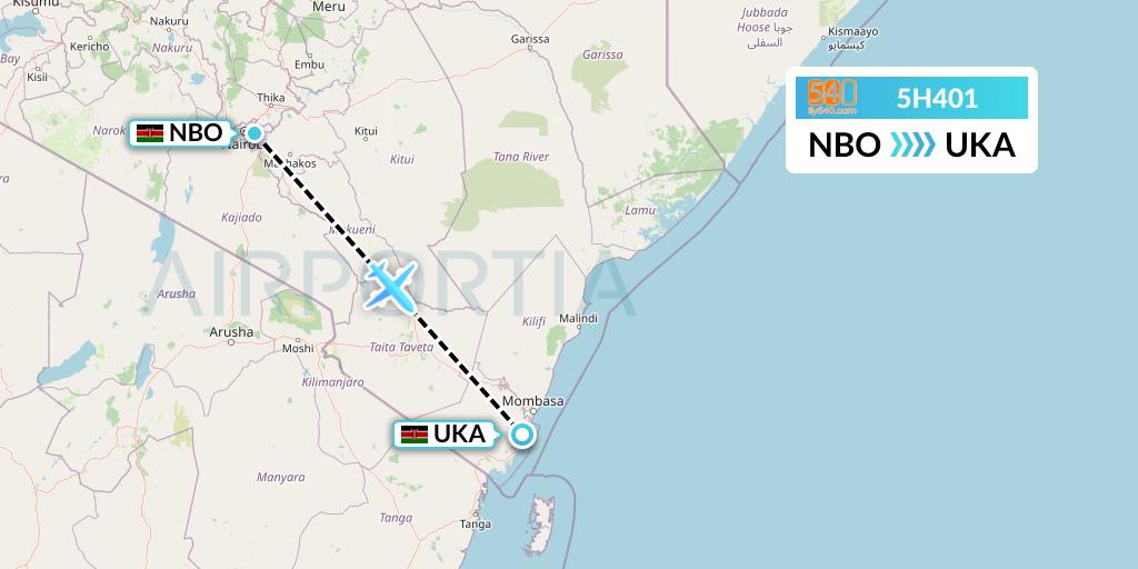 5H401 Fly540 Flight Map: Nairobi to Ukunda