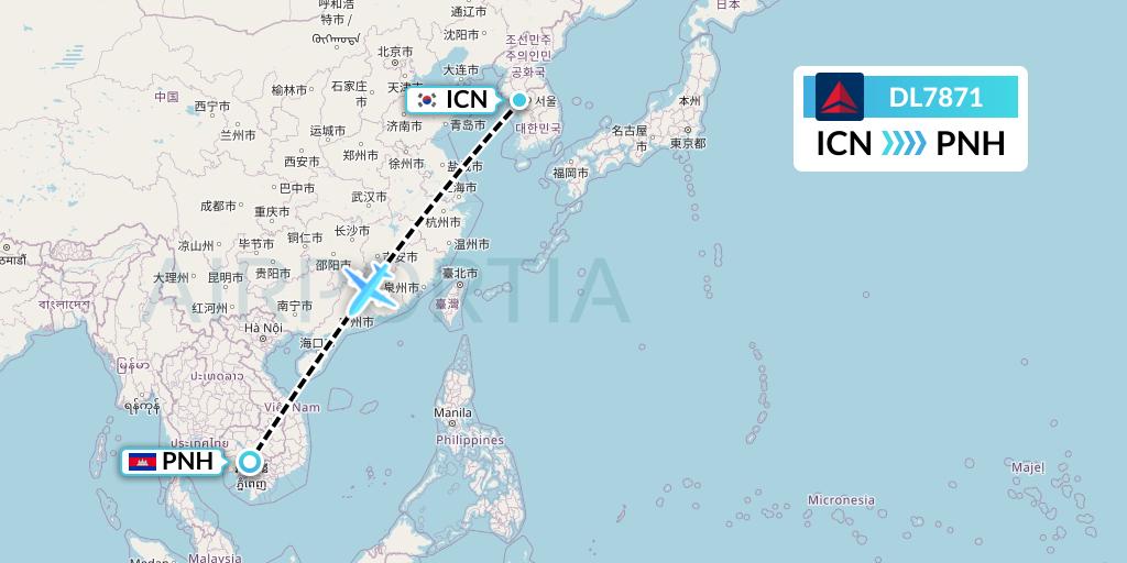 DL7871 Delta Air Lines Flight Map: Seoul to Phnom Penh