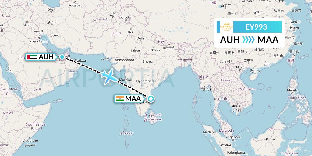 EY993 Etihad Airways Flight Map: Abu Dhabi to Chennai