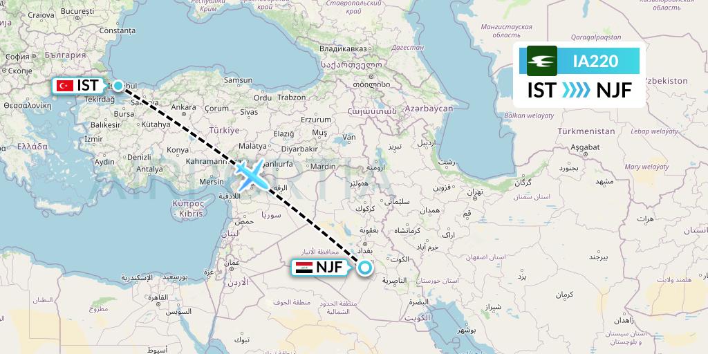 IA220 Iraqi Airways Flight Map: Istanbul to Najaf