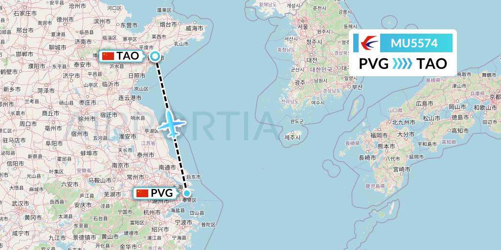 MU5574 China Eastern Airlines Flight Map: Shanghai to Qingdao