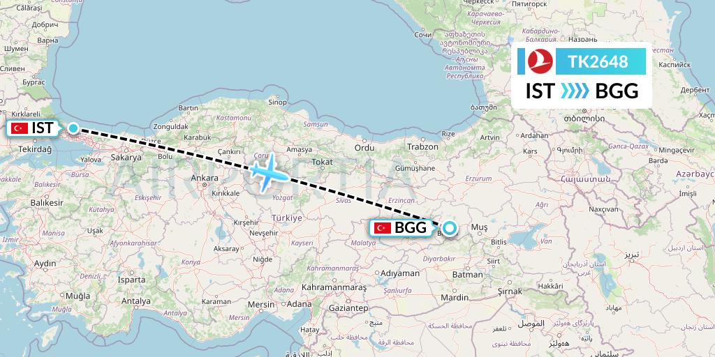 TK2648 Turkish Airlines Flight Map: Istanbul to Bingol
