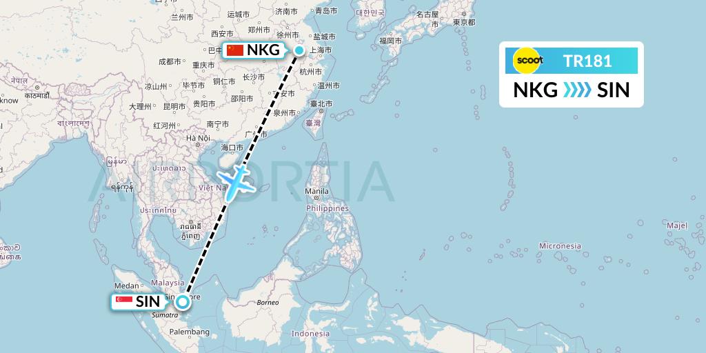 TR181 Tigerair Flight Map: Nanjing to Singapore