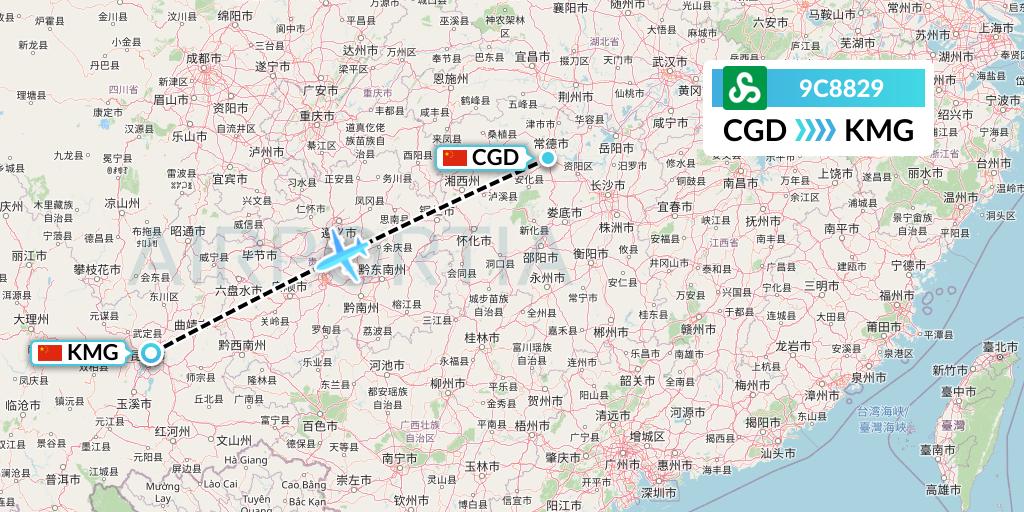 9C8829 Spring Airlines Flight Map: Changde to Kunming