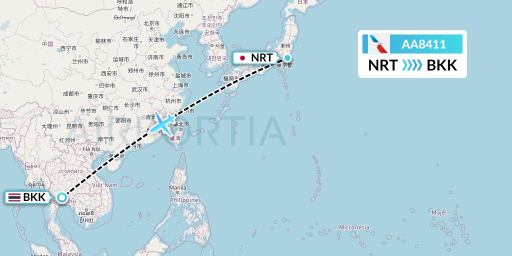 AA8411 American Airlines Flight Map: Tokyo to Bangkok