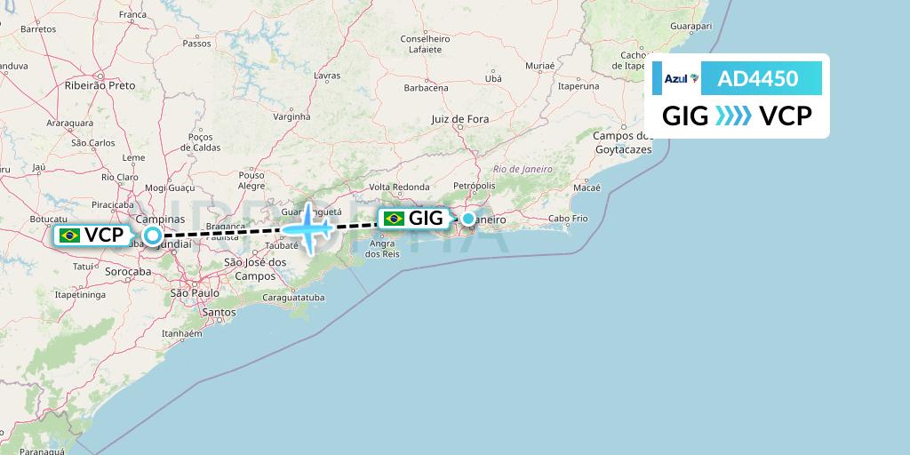 AD4450 Azul Brazilian Airlines Flight Map: Rio de Janeiro to Campinas