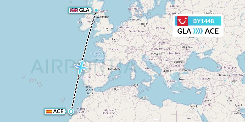 BY1448 TUI Airways Flight Map: Glasgow to Lanzarote