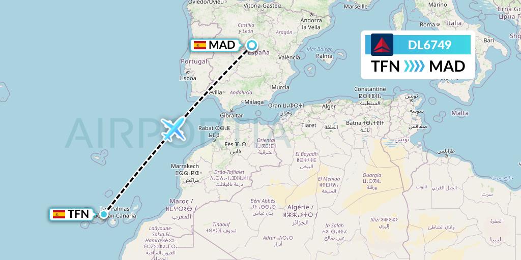 DL6749 Delta Air Lines Flight Map: Tenerife to Madrid
