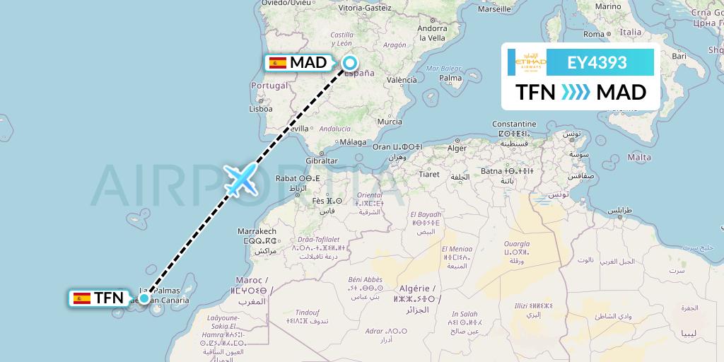EY4393 Etihad Airways Flight Map: Tenerife to Madrid