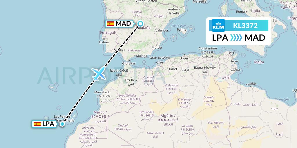 KL3372 KLM Flight Map: Las Palmas to Madrid