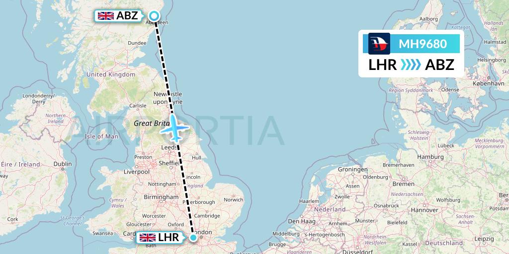 MH9680 Malaysia Airlines Flight Map: London to Aberdeen