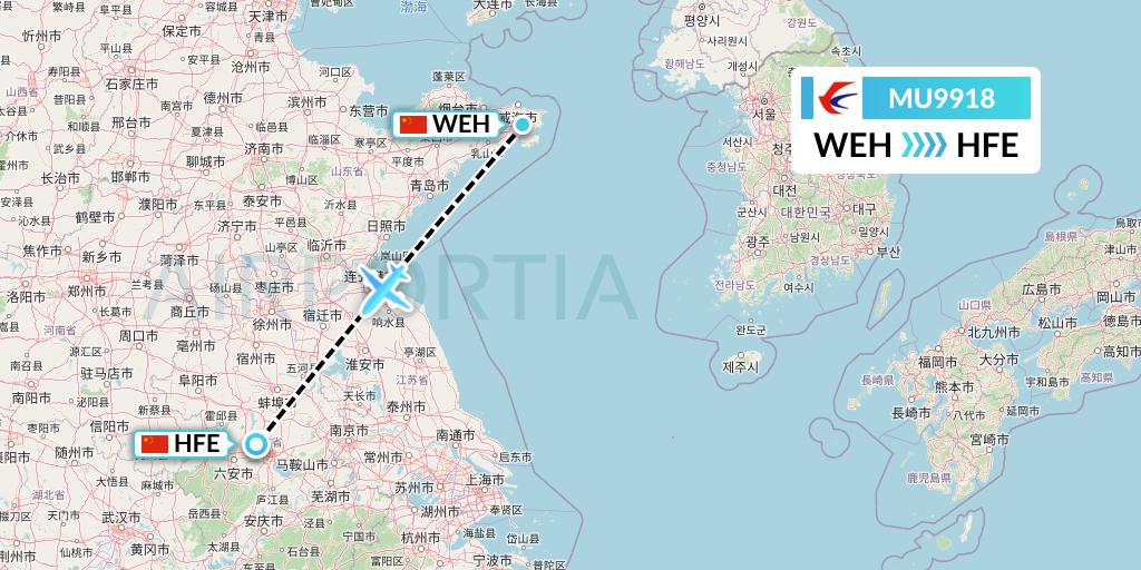 MU9918 China Eastern Airlines Flight Map: Weihai to Hefei