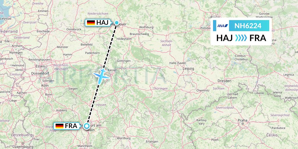 NH6224 All Nippon Airways Flight Map: Hannover to Frankfurt