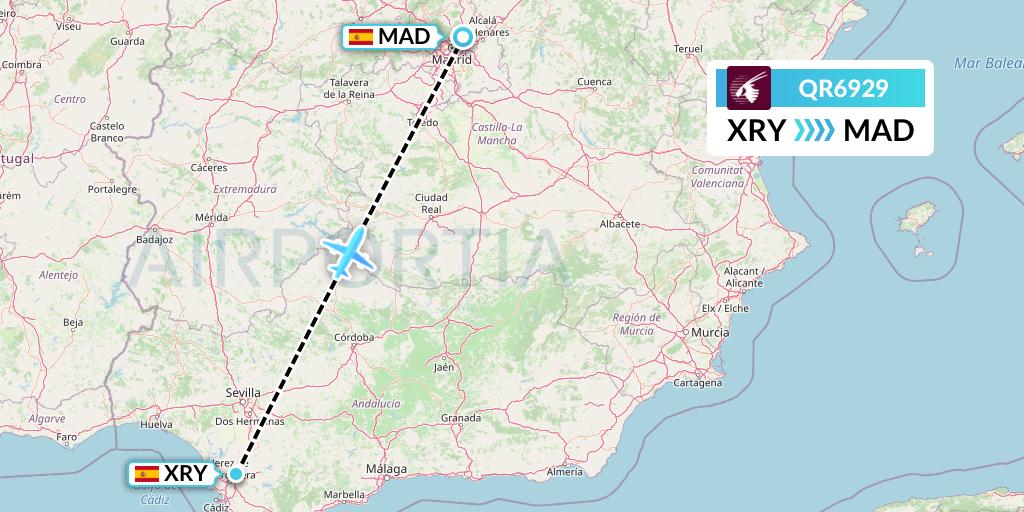 QR6929 Qatar Airways Flight Map: Jerez to Madrid