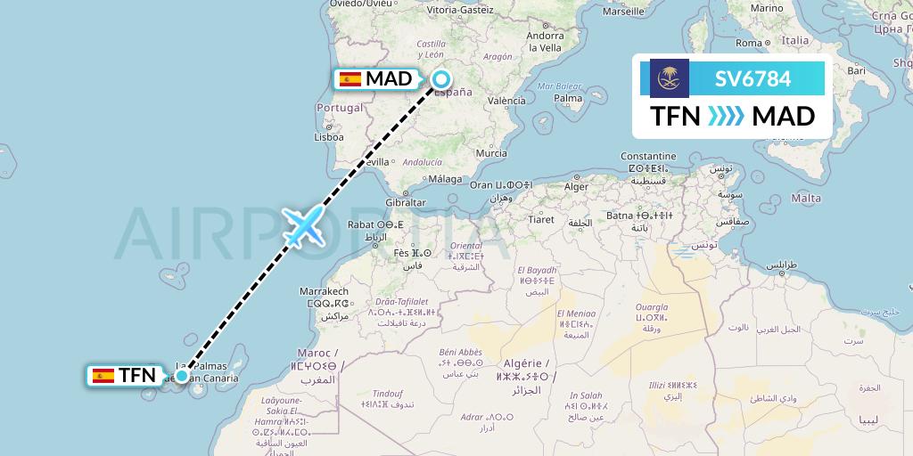 SV6784 Saudi Arabian Airlines Flight Map: Tenerife to Madrid