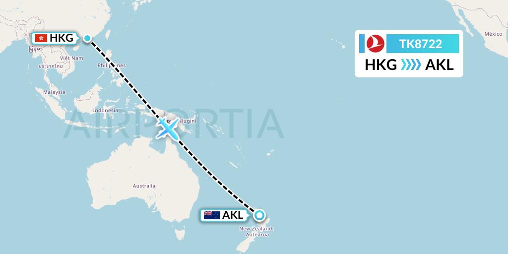 TK8722 Turkish Airlines Flight Map: Hong Kong to Auckland