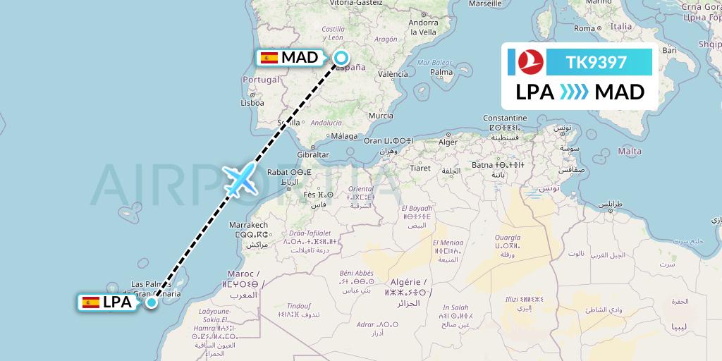 TK9397 Turkish Airlines Flight Map: Las Palmas to Madrid