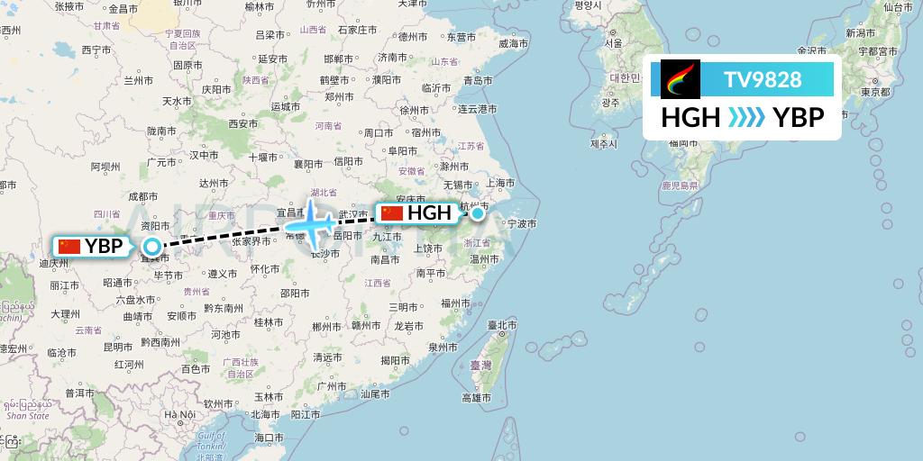 TV9828 Tibet Airlines Flight Map: Hangzhou to Yibin