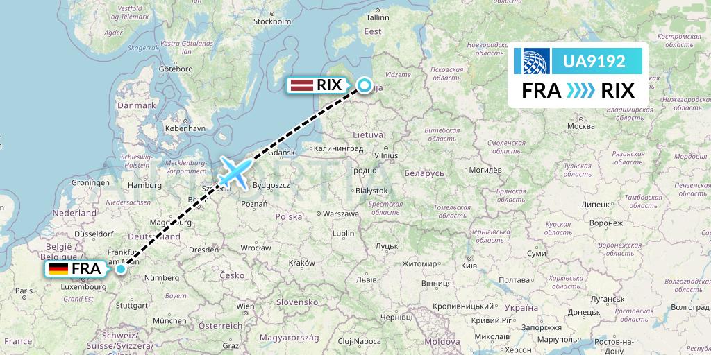 UA9192 United Airlines Flight Map: Frankfurt to Riga