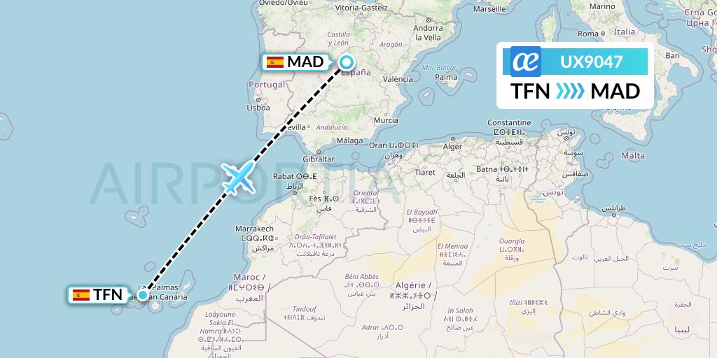 UX9047 Air Europa Flight Map: Tenerife to Madrid