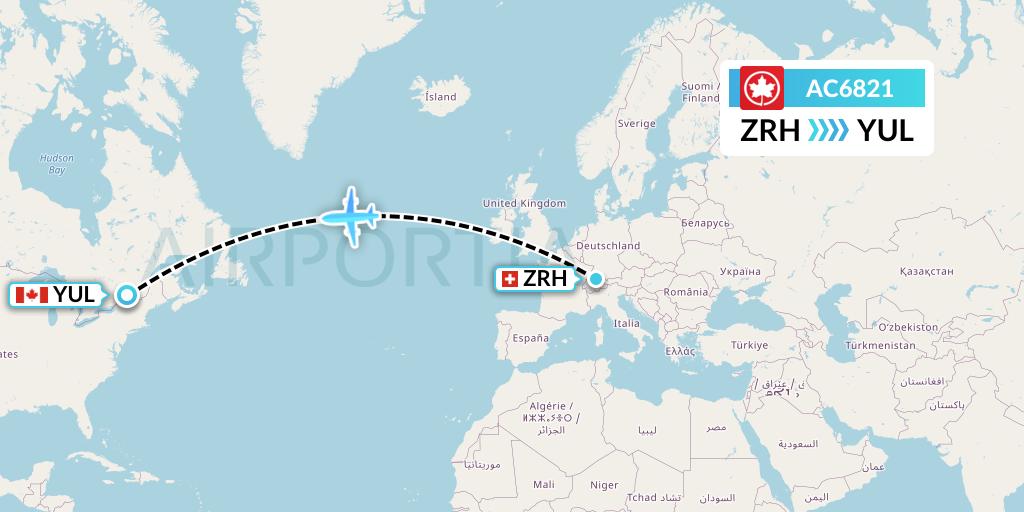 AC6821 Air Canada Flight Map: Zurich to Montreal