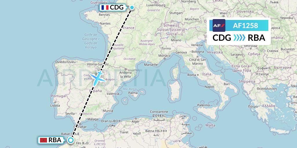 AF1258 Air France Flight Map: Paris to Rabat