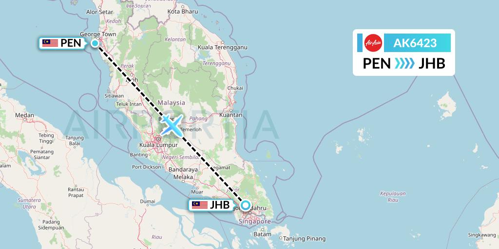 AK6423 AirAsia Flight Map: Penang to Johor Bahru