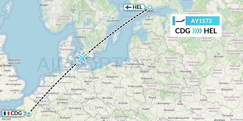 AY1572 Finnair Flight Map: Paris to Helsinki