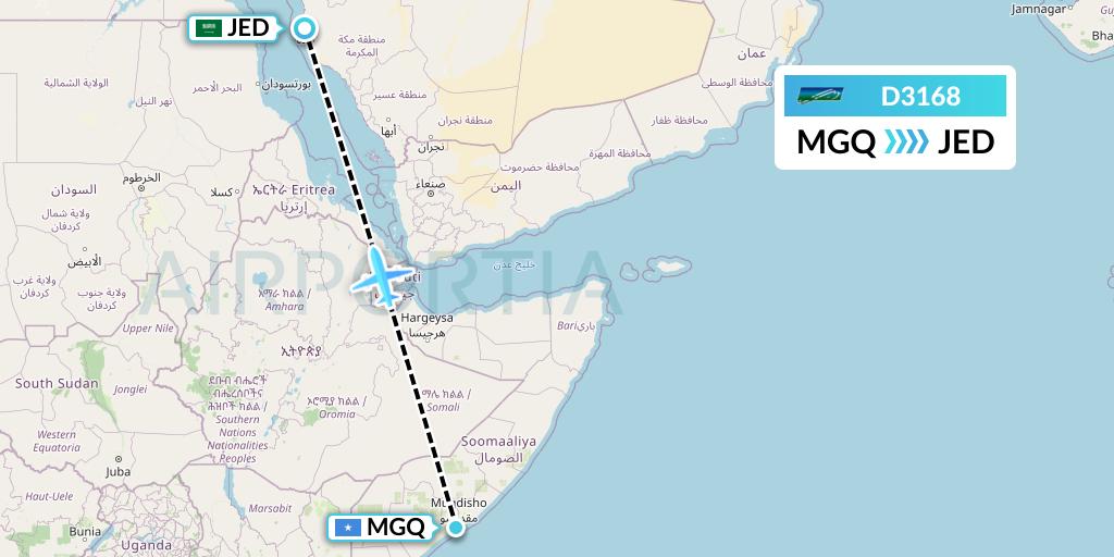 D3168 Daallo Airlines Flight Map: Mogadishu to Jeddah