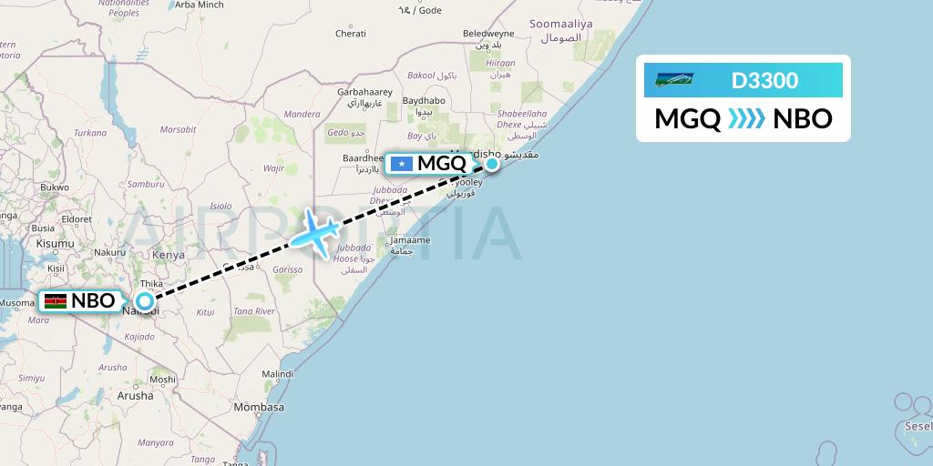D3300 Daallo Airlines Flight Map: Mogadishu to Nairobi