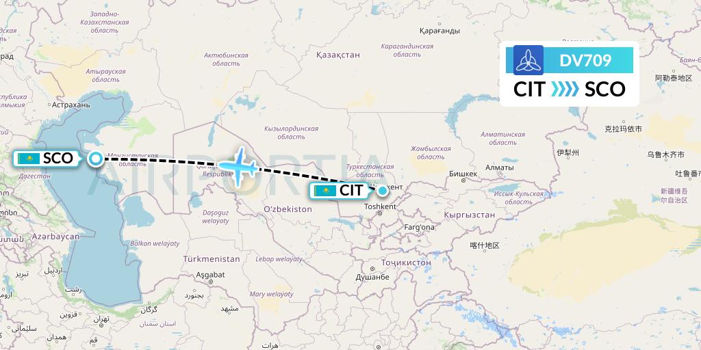 DV709 SCAT Flight Map: Shymkent to Aktau