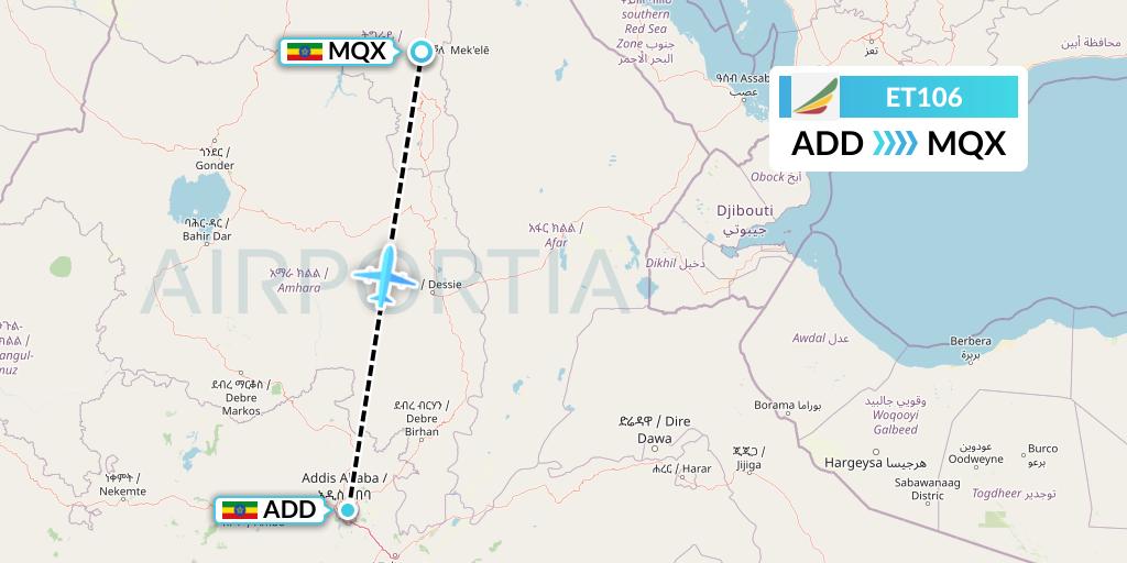 ET106 Ethiopian Airlines Flight Map: Addis Ababa to Ethiopia
