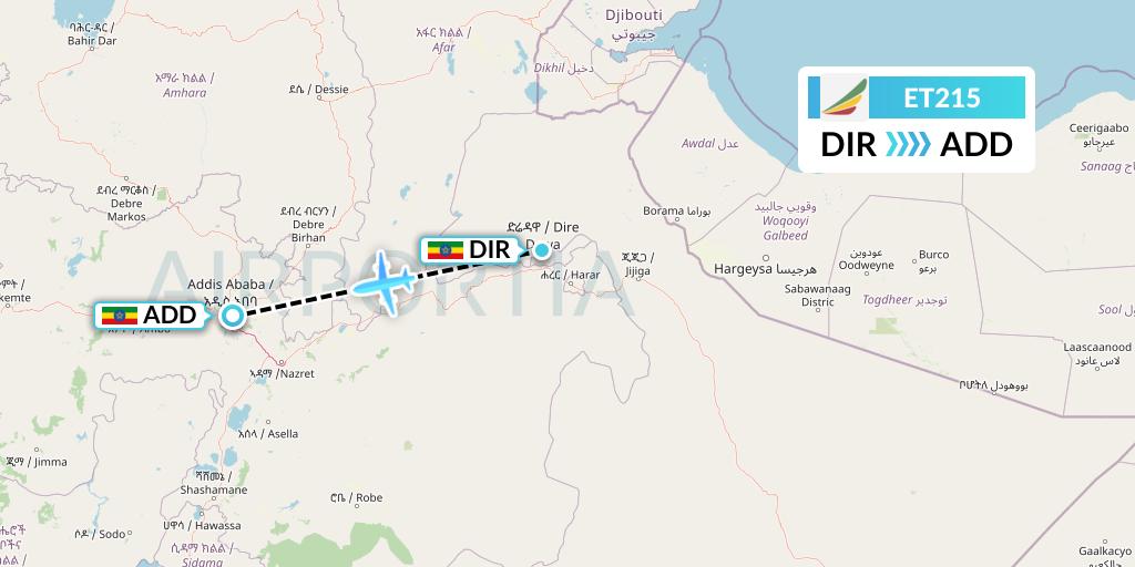 ET215 Ethiopian Airlines Flight Map: Dire Dawa to Addis Ababa