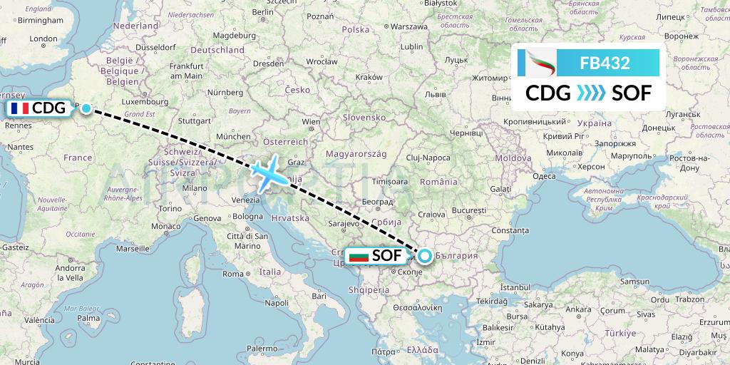 FB432 Bulgaria Air Flight Map: Paris to Sofia